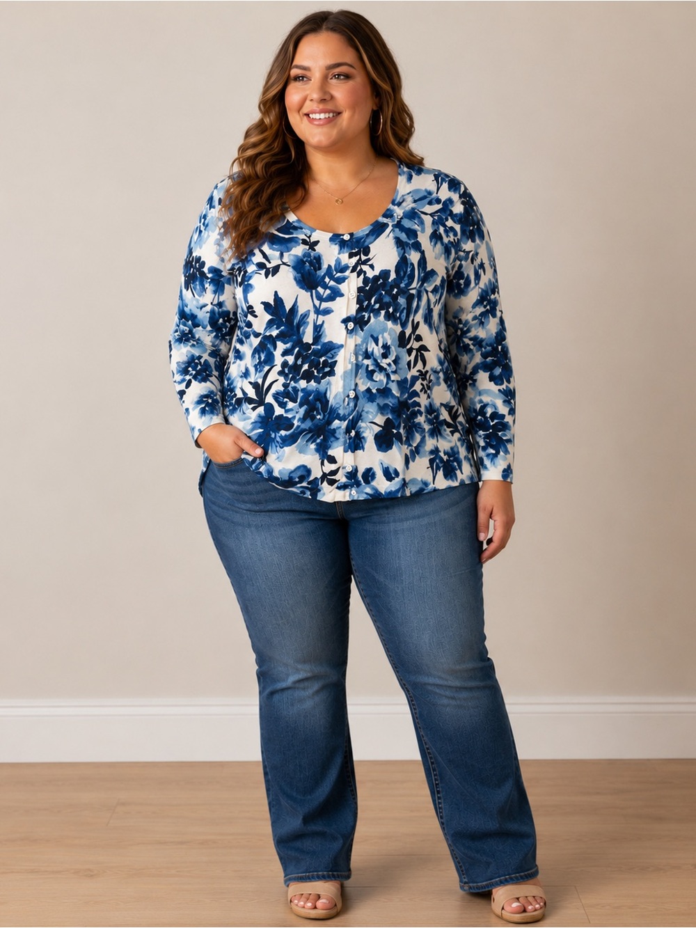 Talbots Blue & White Floral Button-Front Cardigan